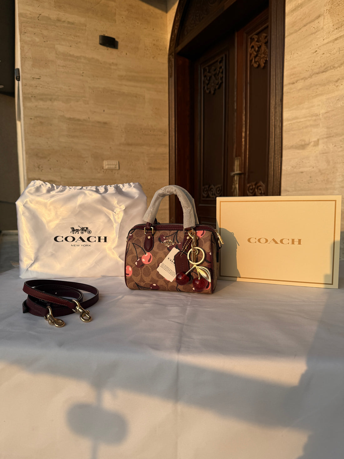 COACH DARK BROWN CHERRY PATTERN BAG WITH CHERRY CHARM