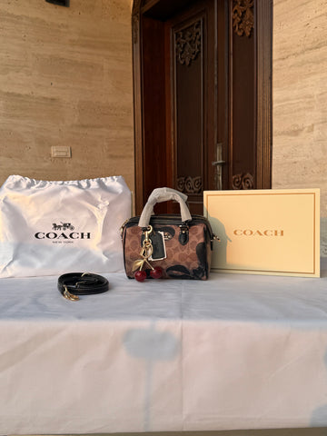 COACH BROWN WITH BLACK PATTERN BAG AND CUTE CHERRY CHARM