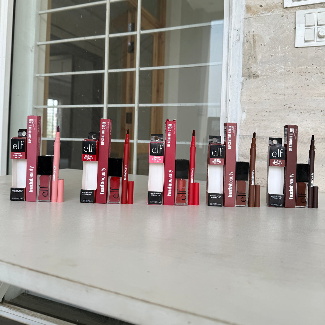 elf Glow Reviver Lip Oil + HUDA BEAUTY LIP CONTOUR LIP STAIN lip comboo